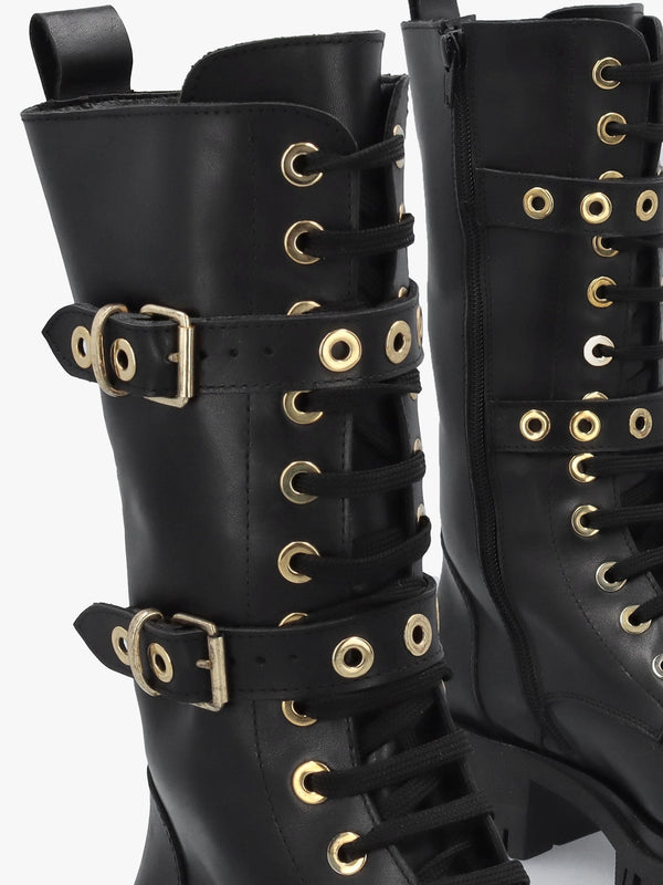 Black Leather Dual Buckle Lace Up Calf Boots