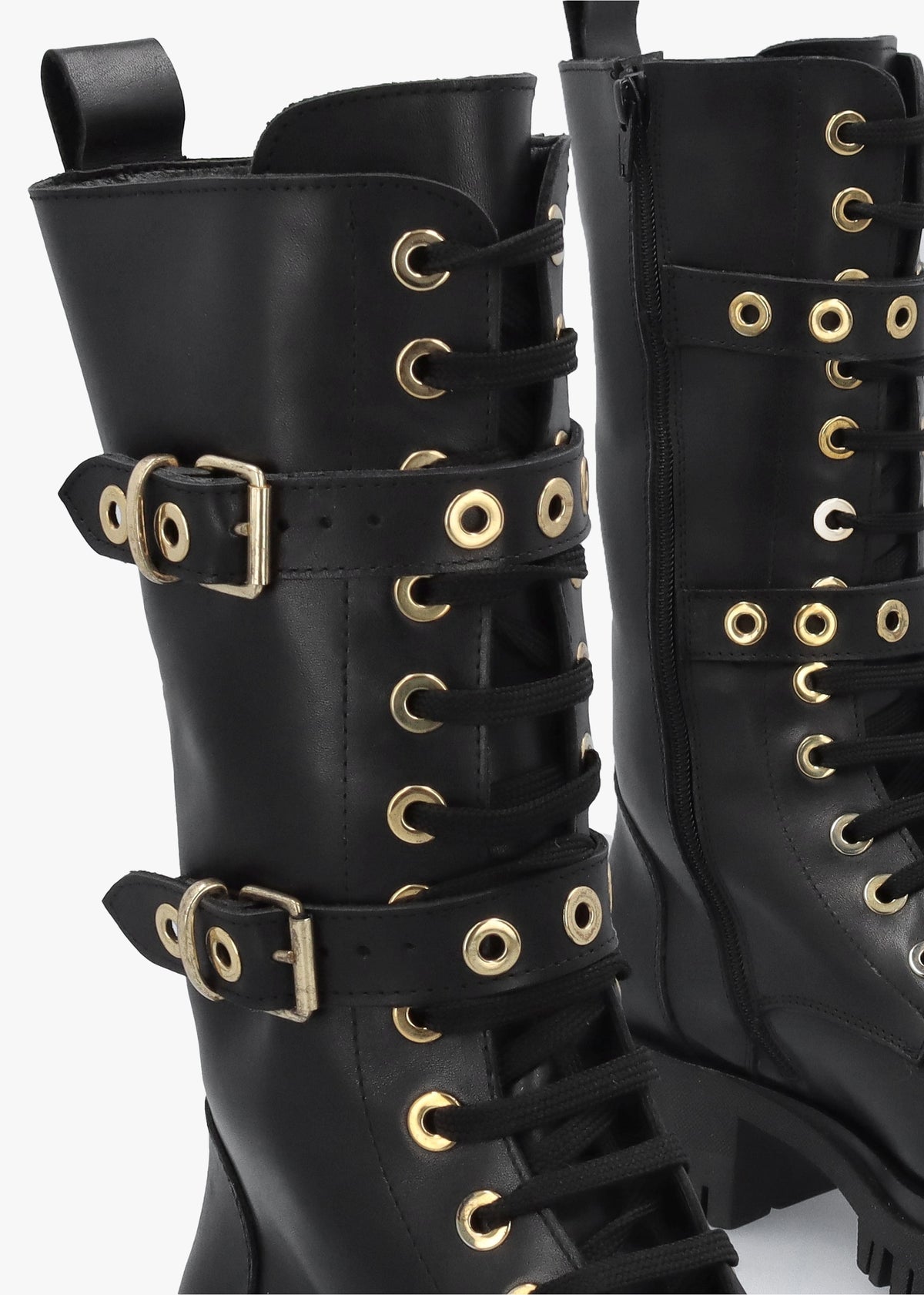 Black Leather Dual Buckle Lace Up Calf Boots