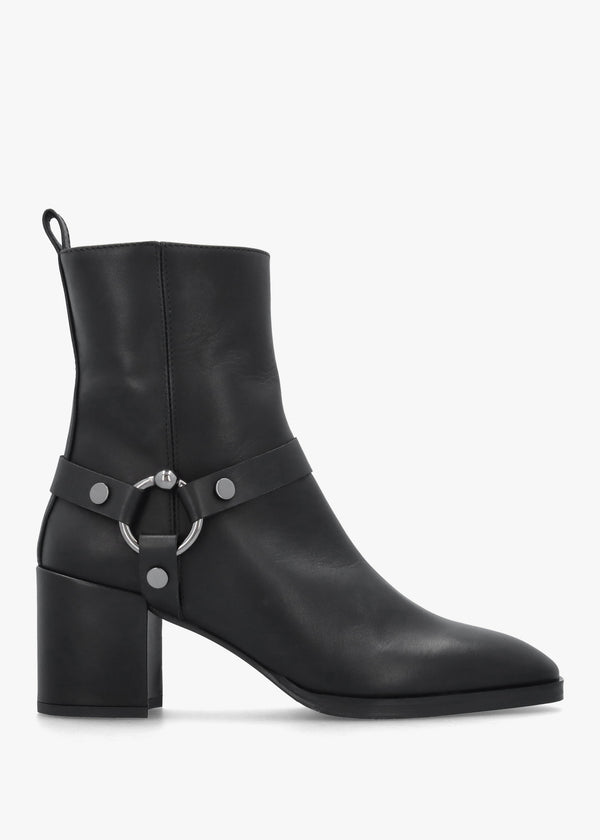 Faith Black Leather Stirrup Block Heel Ankle Boots