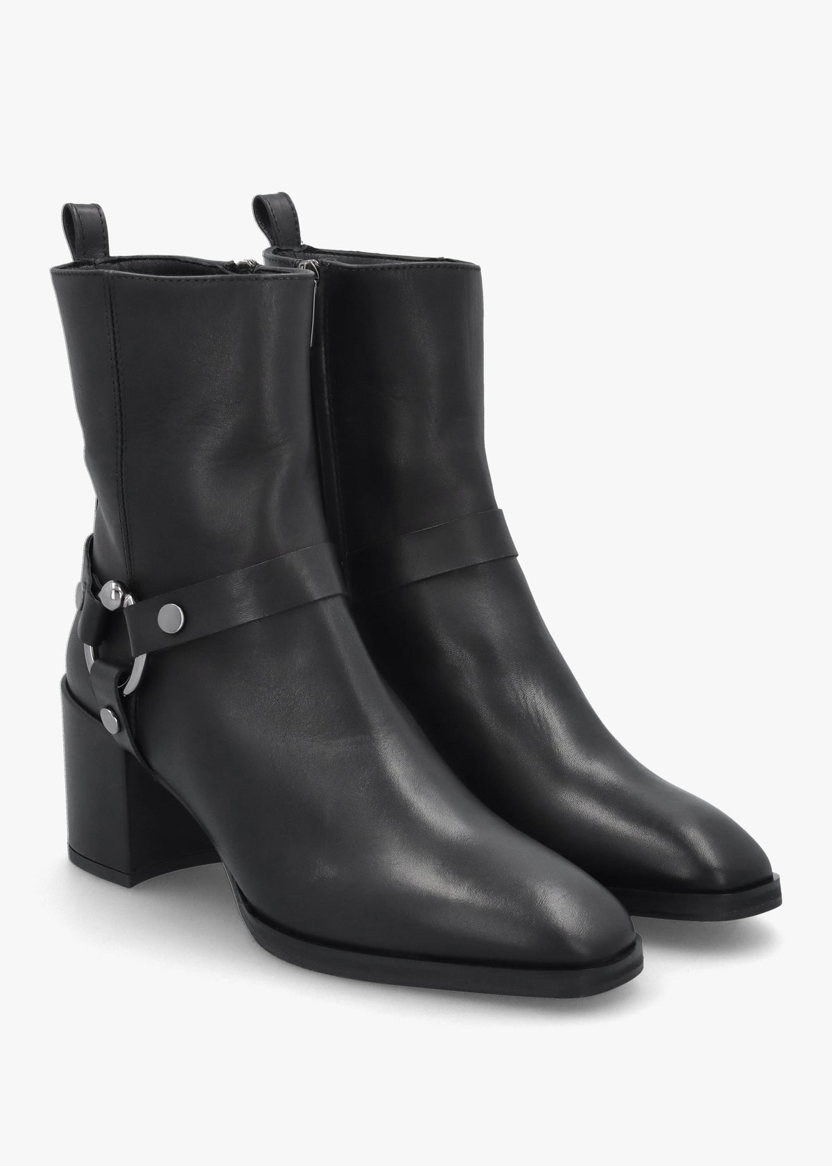 Faith Black Leather Stirrup Block Heel Ankle Boots