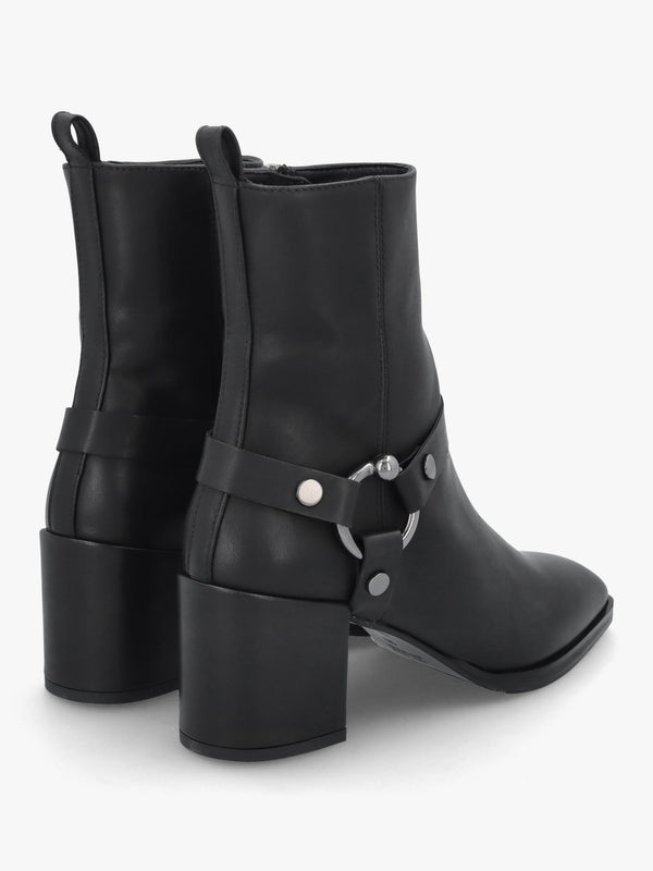 Faith Black Leather Stirrup Block Heel Ankle Boots