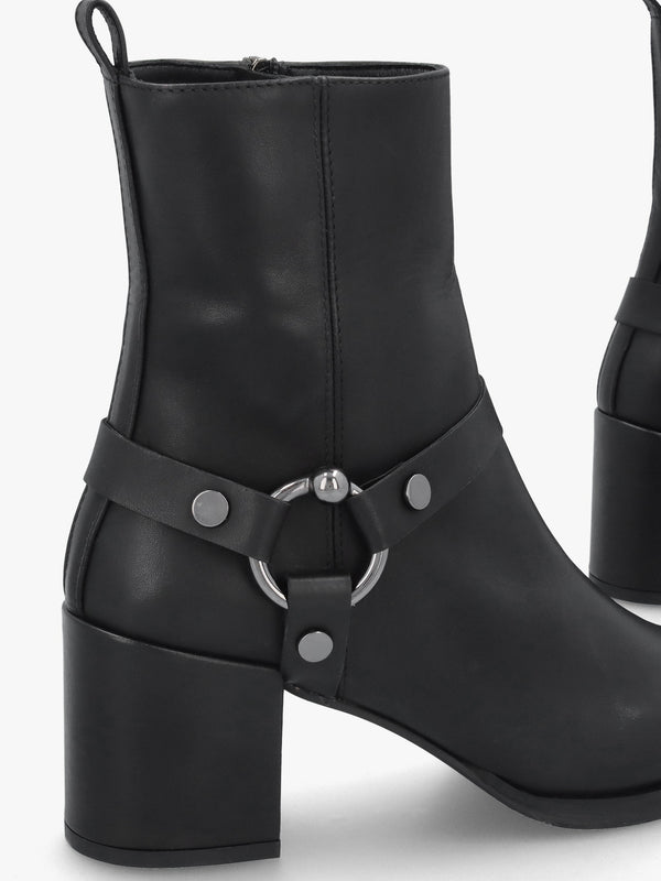 Faith Black Leather Stirrup Block Heel Ankle Boots