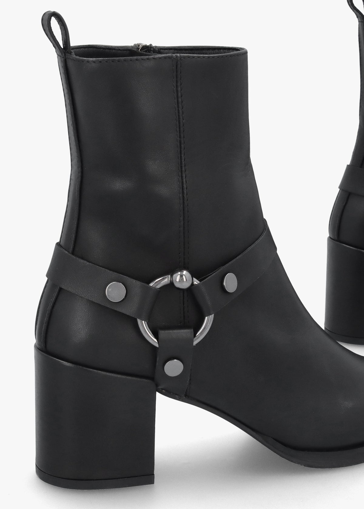 Faith Black Leather Stirrup Block Heel Ankle Boots