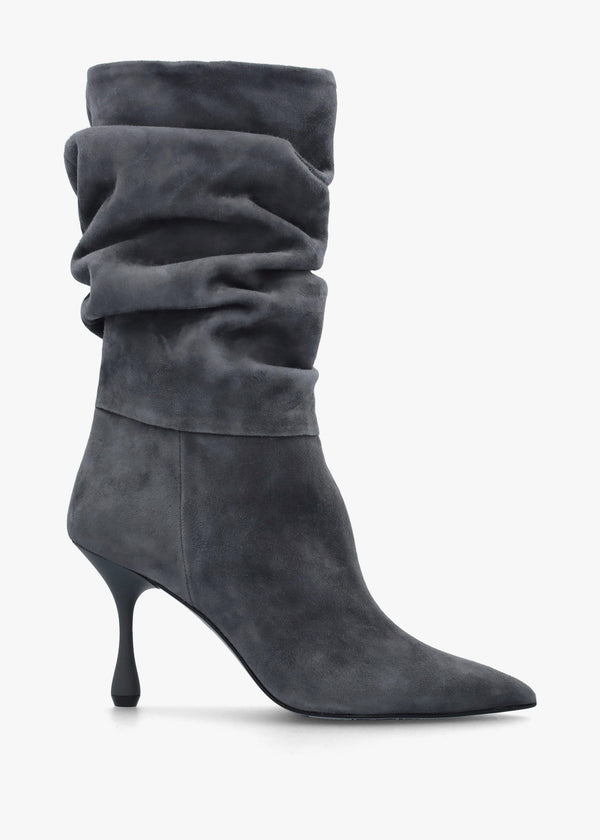 Fointer Grey Suede Ruched Mid Calf Boots