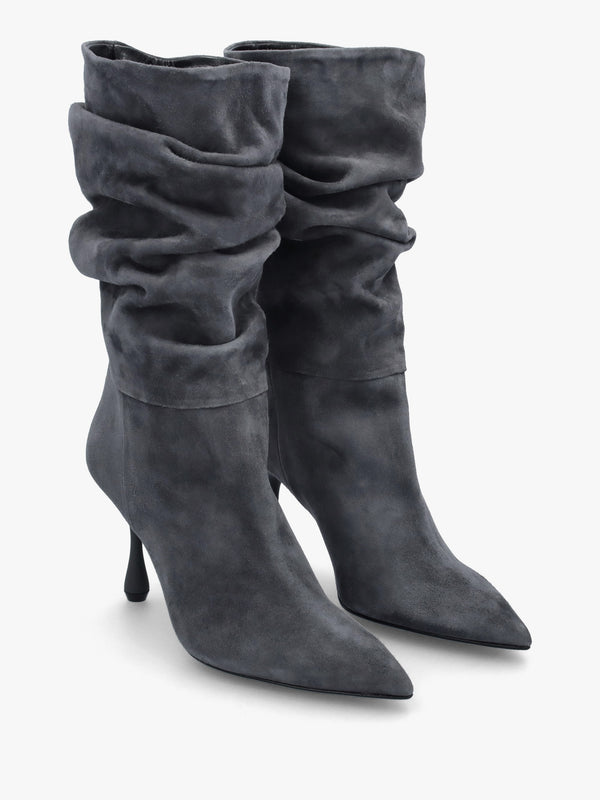 Fointer Grey Suede Ruched Mid Calf Boots