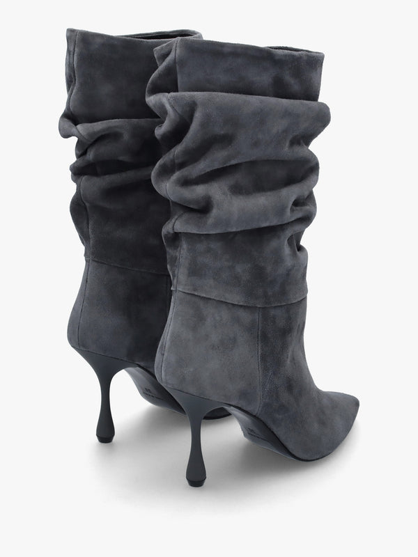 Fointer Grey Suede Ruched Mid Calf Boots