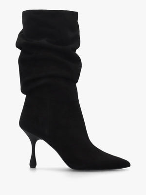 Fointer Black Suede Ruched Mid Calf Boots