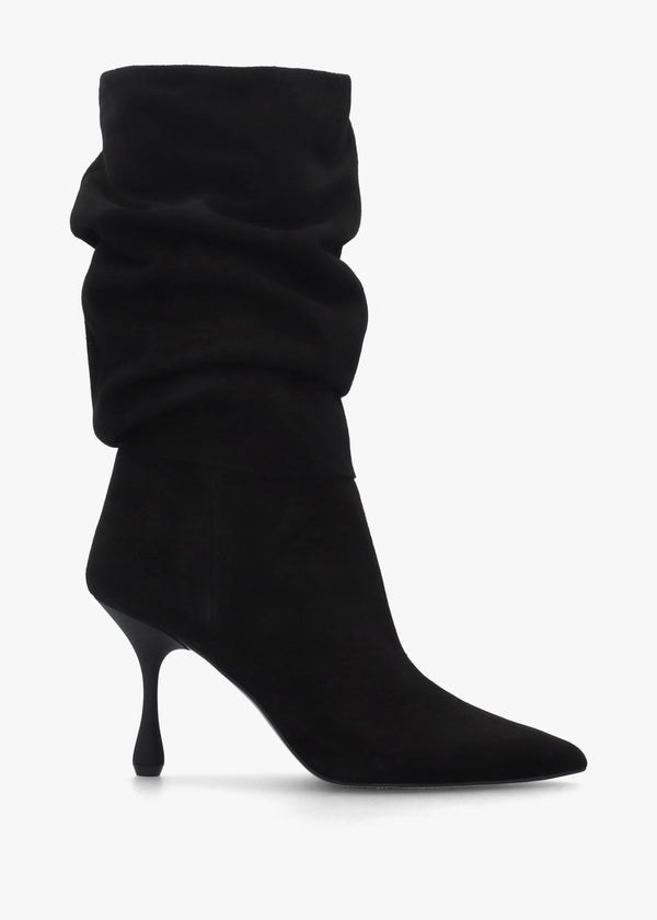 Fointer Black Suede Ruched Mid Calf Boots