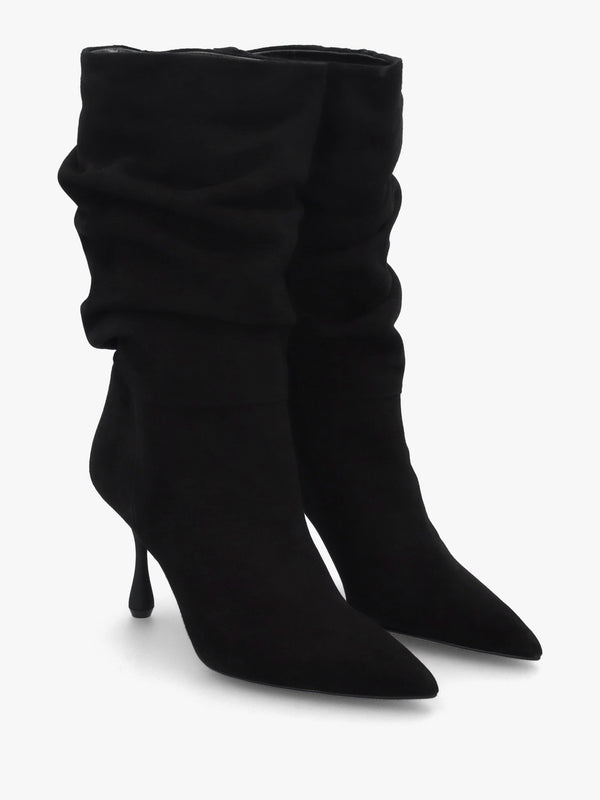 Fointer Black Suede Ruched Mid Calf Boots