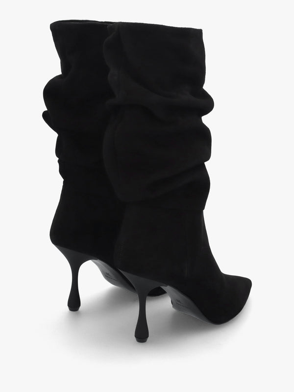 Fointer Black Suede Ruched Mid Calf Boots