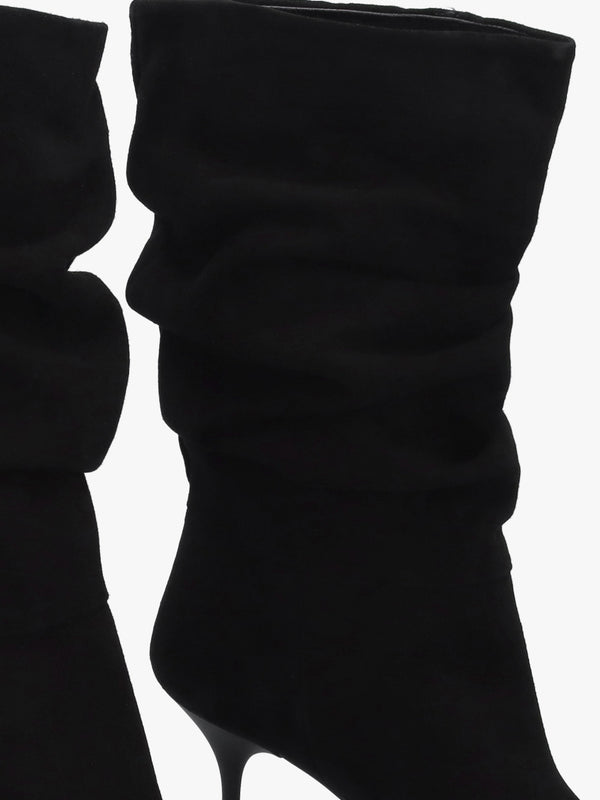 Fointer Black Suede Ruched Mid Calf Boots