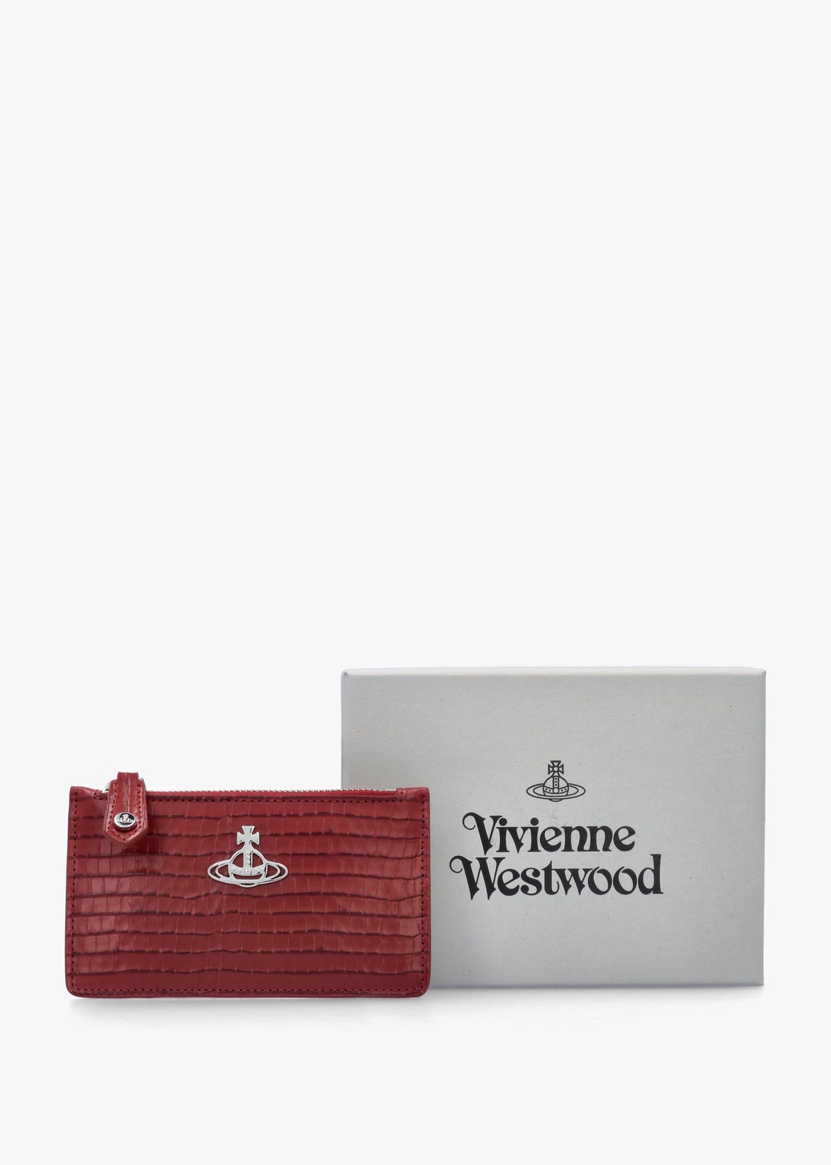 Slim Long Mini Croc Embossed Red Card Holder