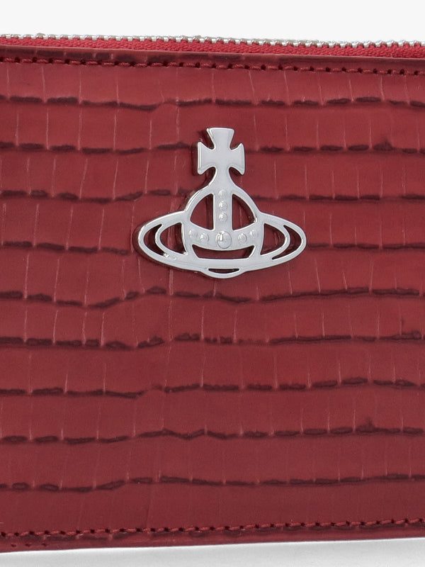 Slim Long Mini Croc Embossed Red Card Holder