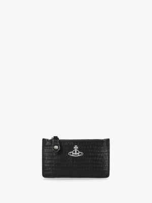 Slim Long Mini Croc Embossed Black Card Holder