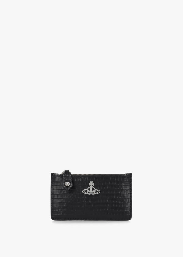 Slim Long Mini Croc Embossed Black Card Holder