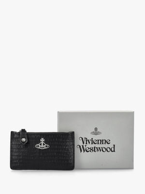 Slim Long Mini Croc Embossed Black Card Holder