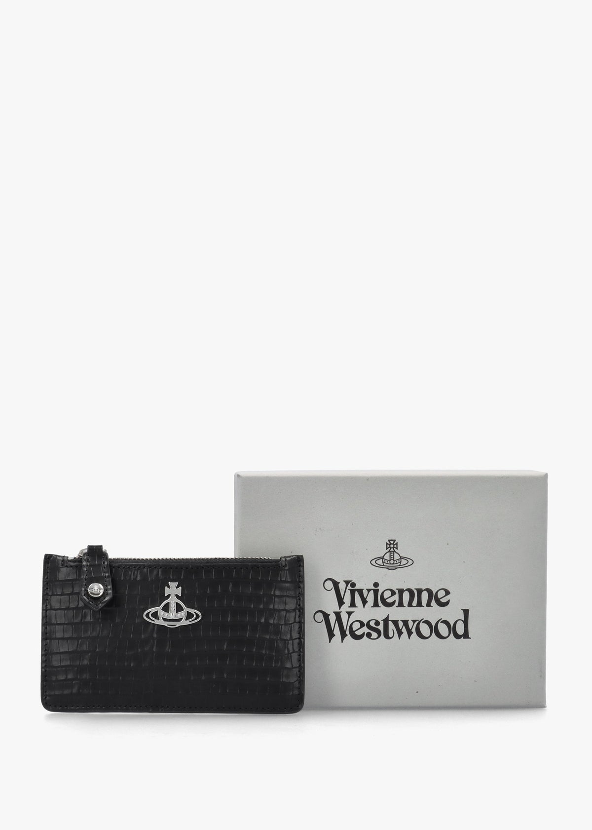 Slim Long Mini Croc Embossed Black Card Holder