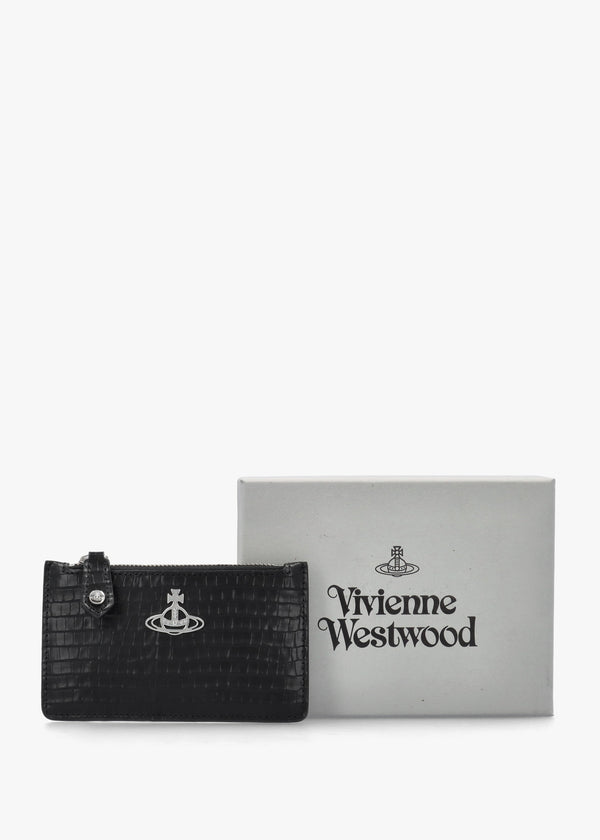 Slim Long Mini Croc Embossed Black Card Holder