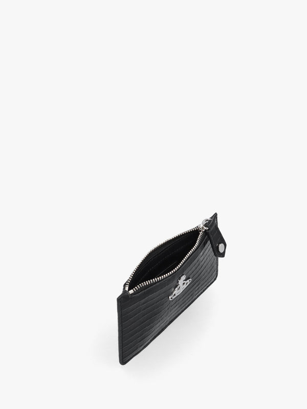 Slim Long Mini Croc Embossed Black Card Holder