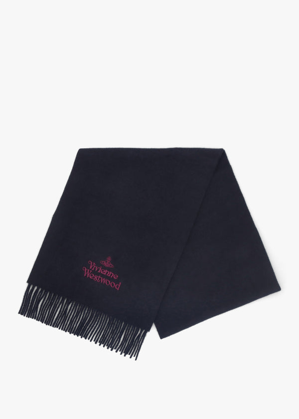 Unisex Embroidered Navy Wool Scarf