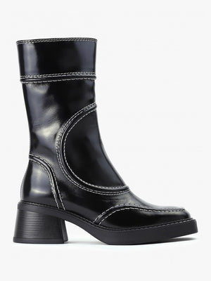 Malene Black Leather Block Heel Calf Boots