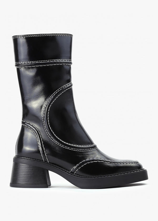 Malene Black Leather Block Heel Calf Boots