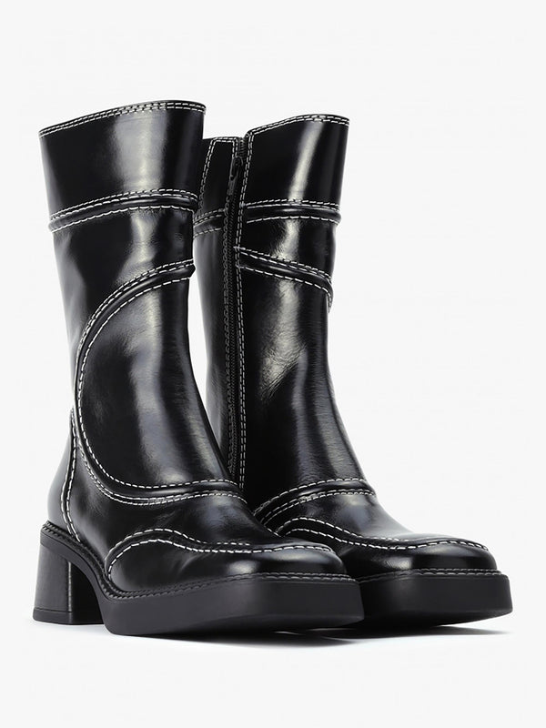 Malene Black Leather Block Heel Calf Boots