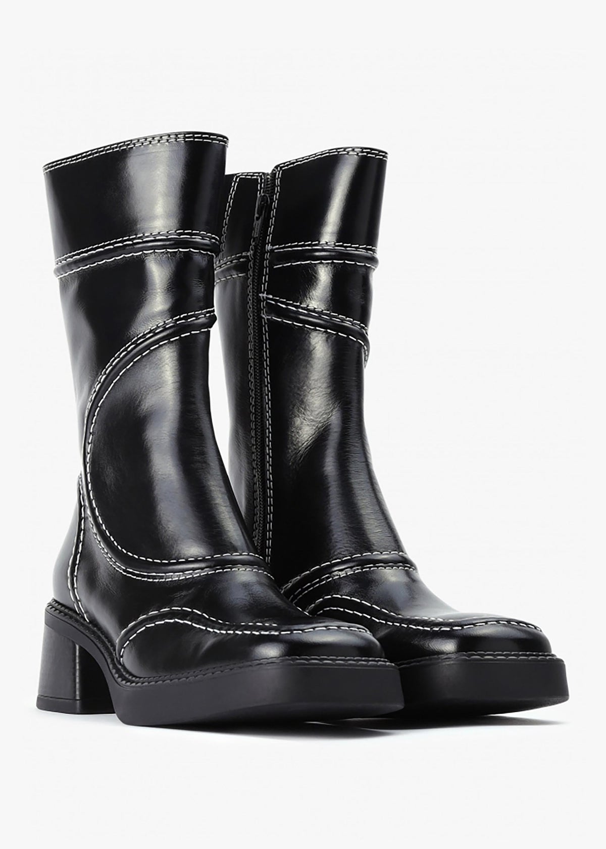 Malene Black Leather Block Heel Calf Boots