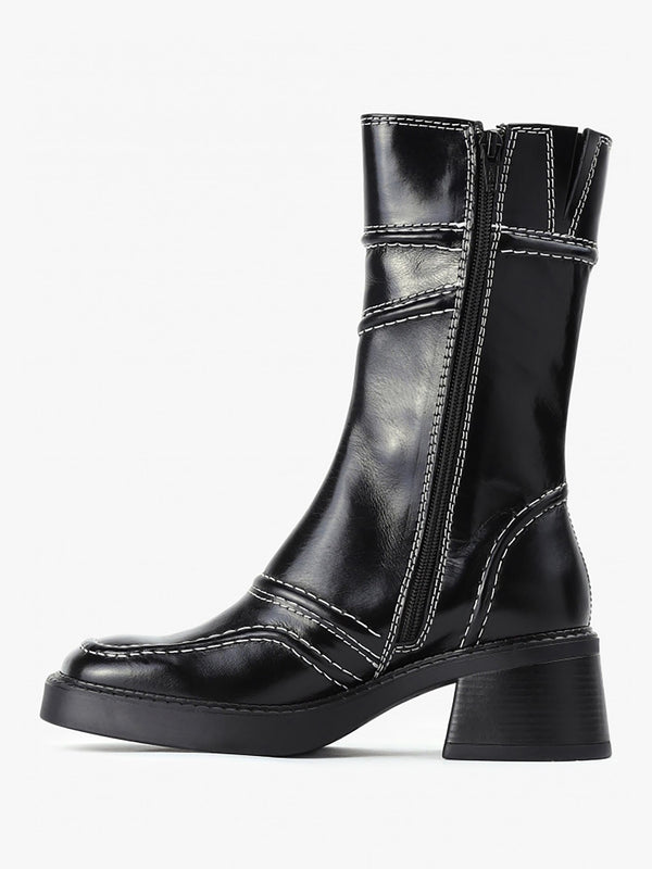 Malene Black Leather Block Heel Calf Boots