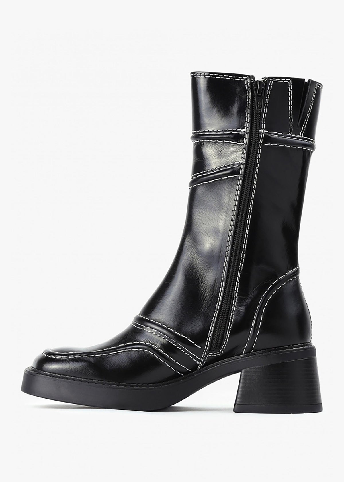 Malene Black Leather Block Heel Calf Boots