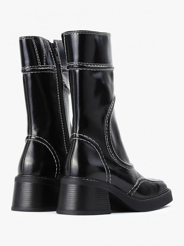 Malene Black Leather Block Heel Calf Boots