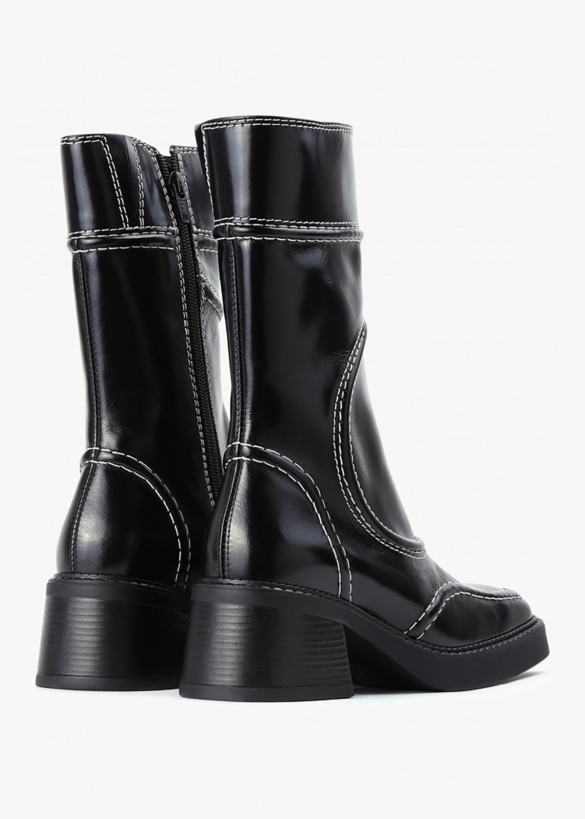 Malene Black Leather Block Heel Calf Boots