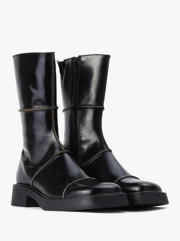 Dahlia Black Leather Square Toe Calf Boots