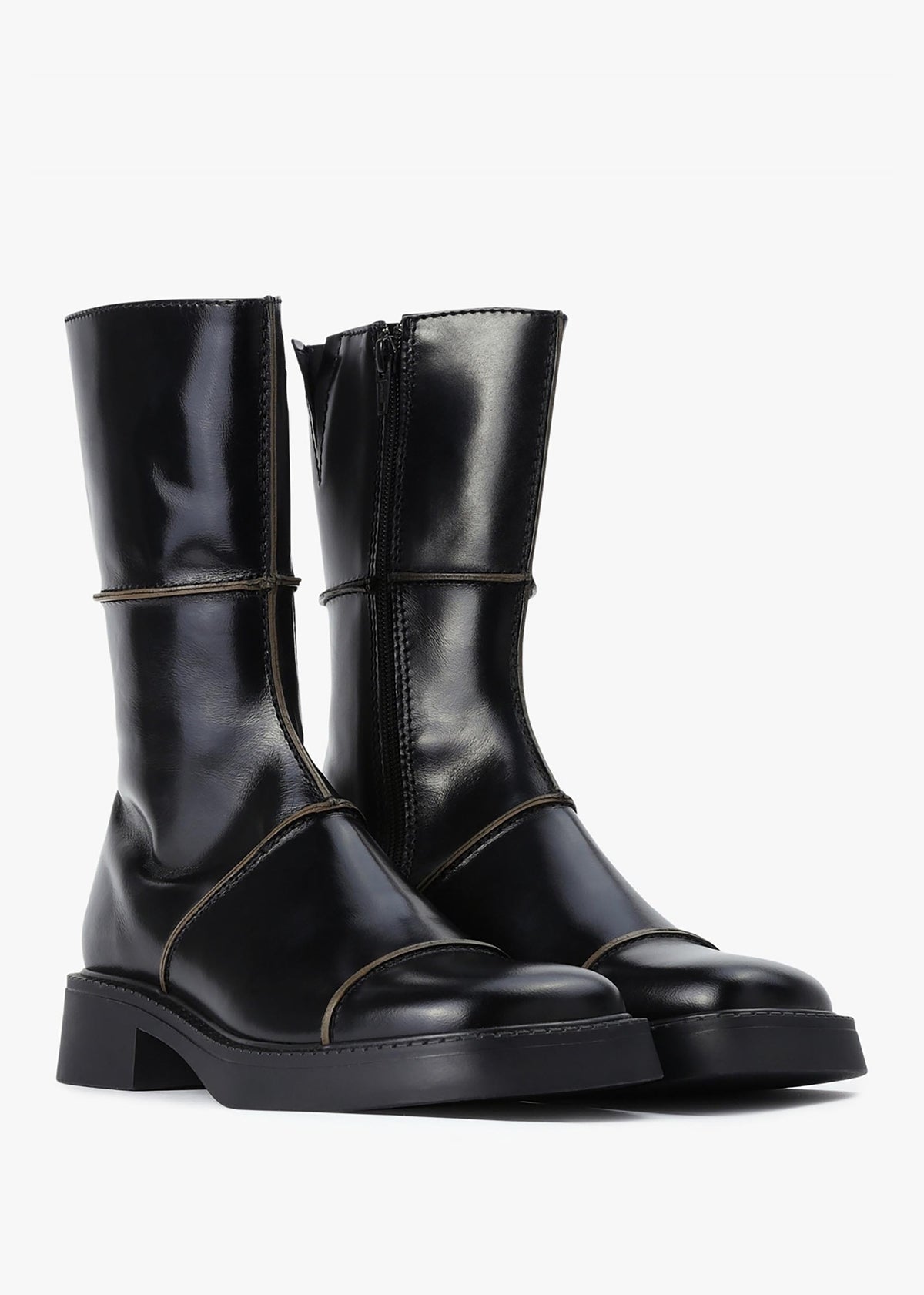Dahlia Black Leather Square Toe Calf Boots