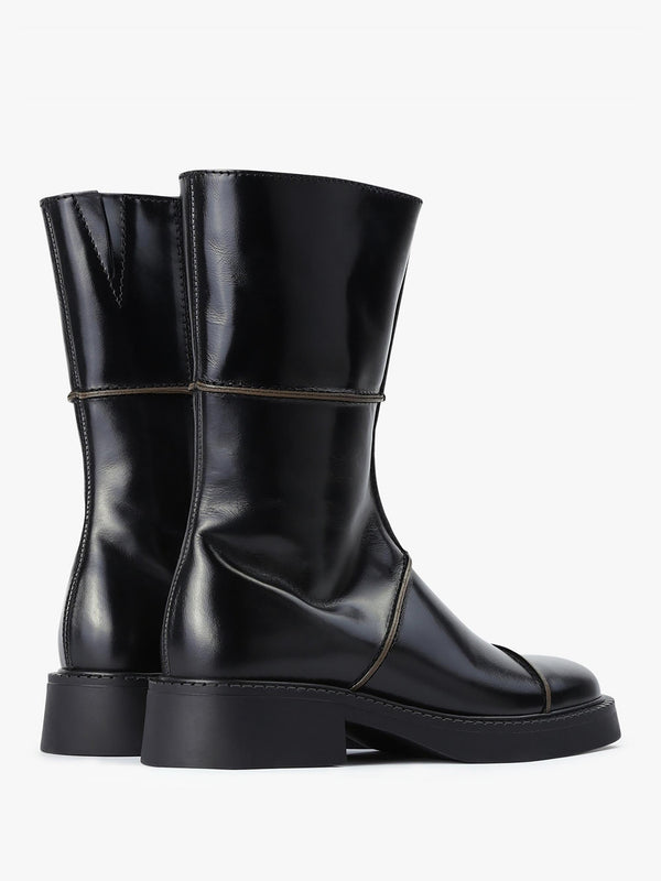 Dahlia Black Leather Square Toe Calf Boots