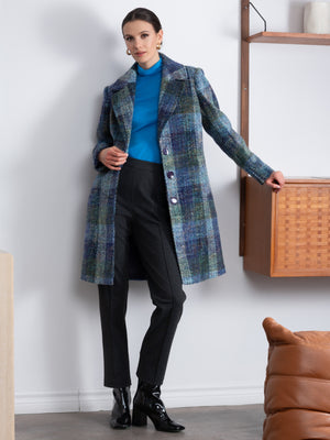Multicoloured Blue Checked Wool Mix Longline Coat