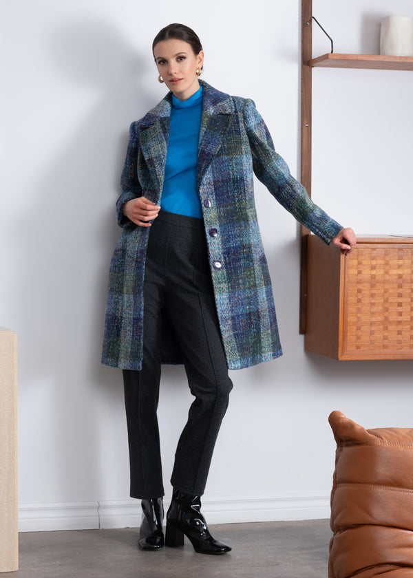 Multicoloured Blue Checked Wool Mix Longline Coat