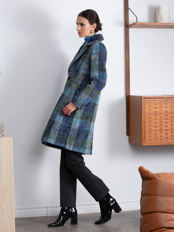 Multicoloured Blue Checked Wool Mix Longline Coat