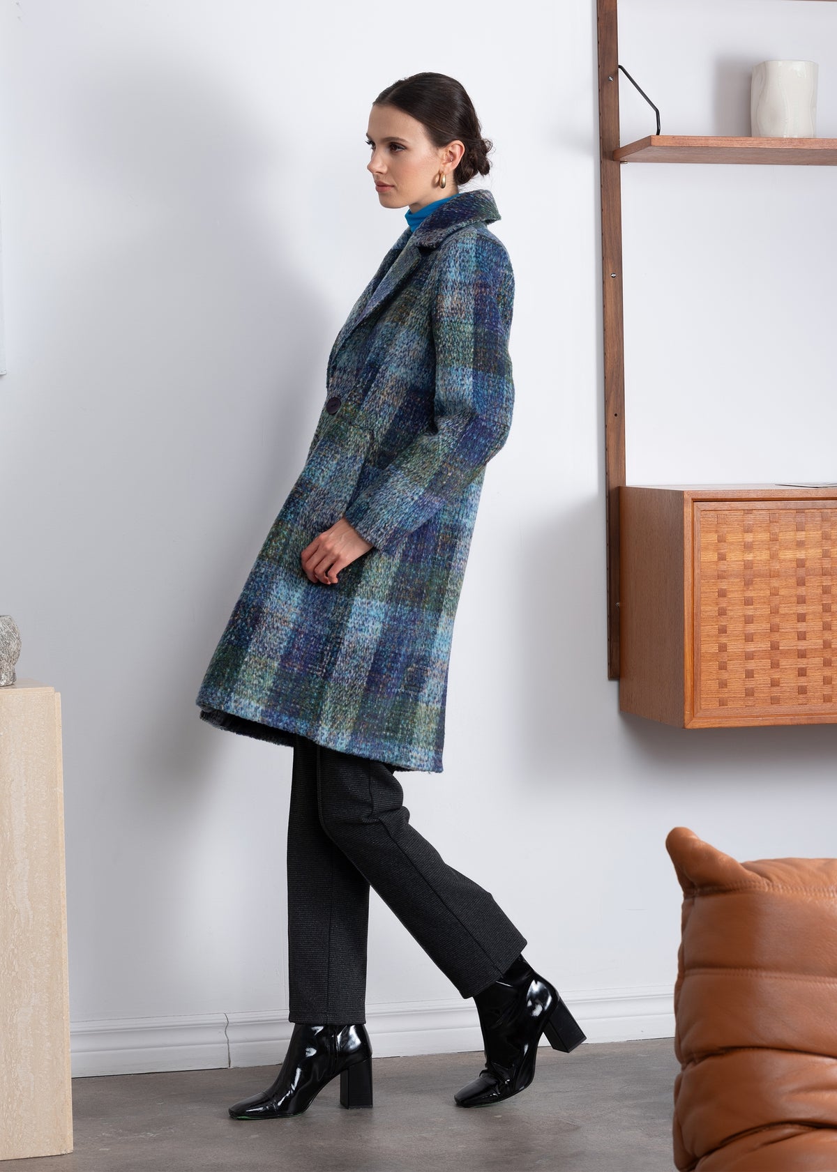 Multicoloured Blue Checked Wool Mix Longline Coat