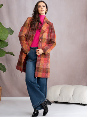 Multicoloured Red Checked Wool Mix Longline Coat