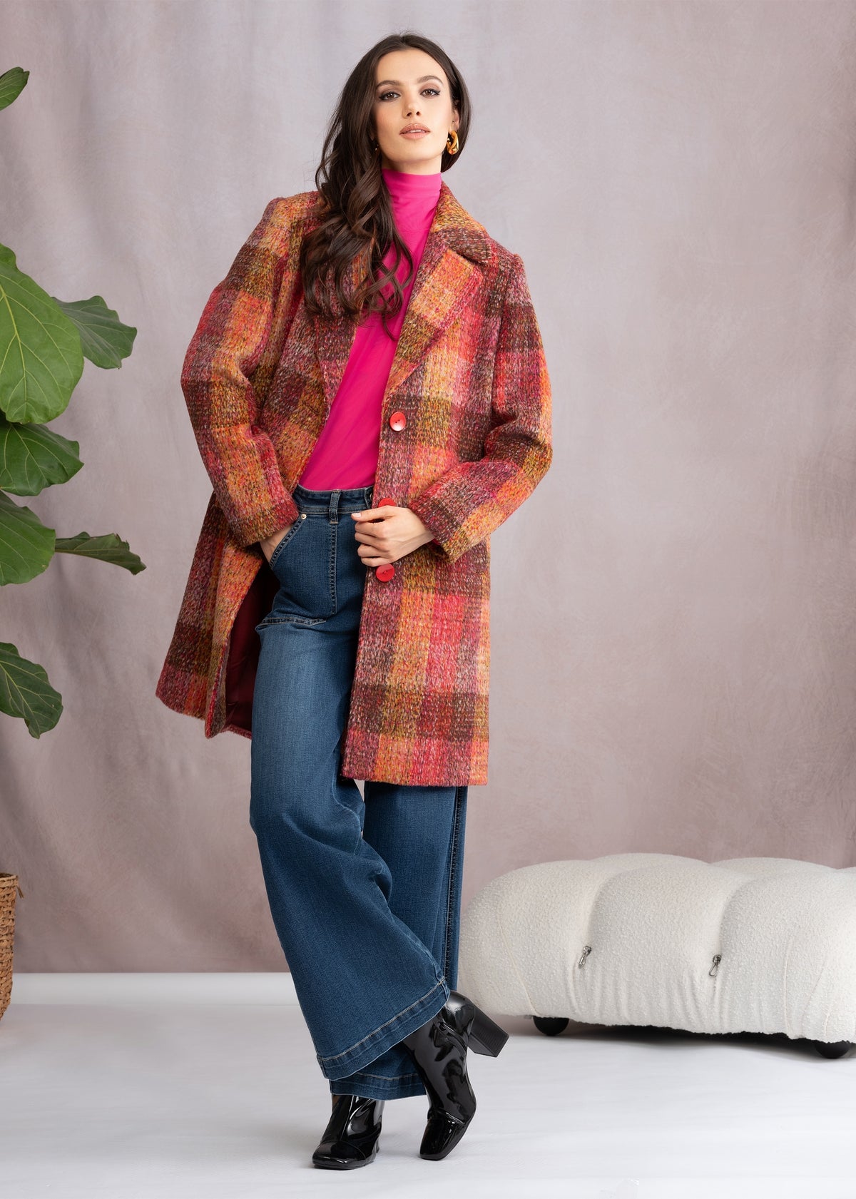 Multicoloured Red Checked Wool Mix Longline Coat