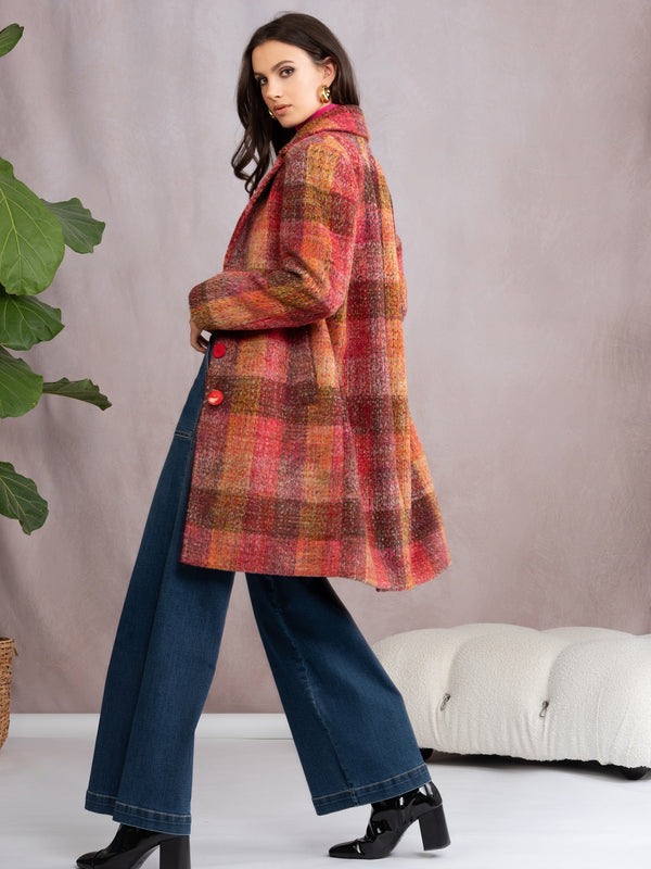 Multicoloured Red Checked Wool Mix Longline Coat