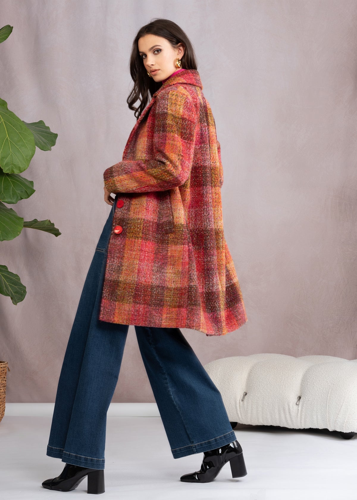 Multicoloured Red Checked Wool Mix Longline Coat