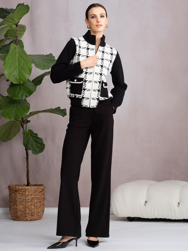 Black & White Checked Knitted Bomber Jacket