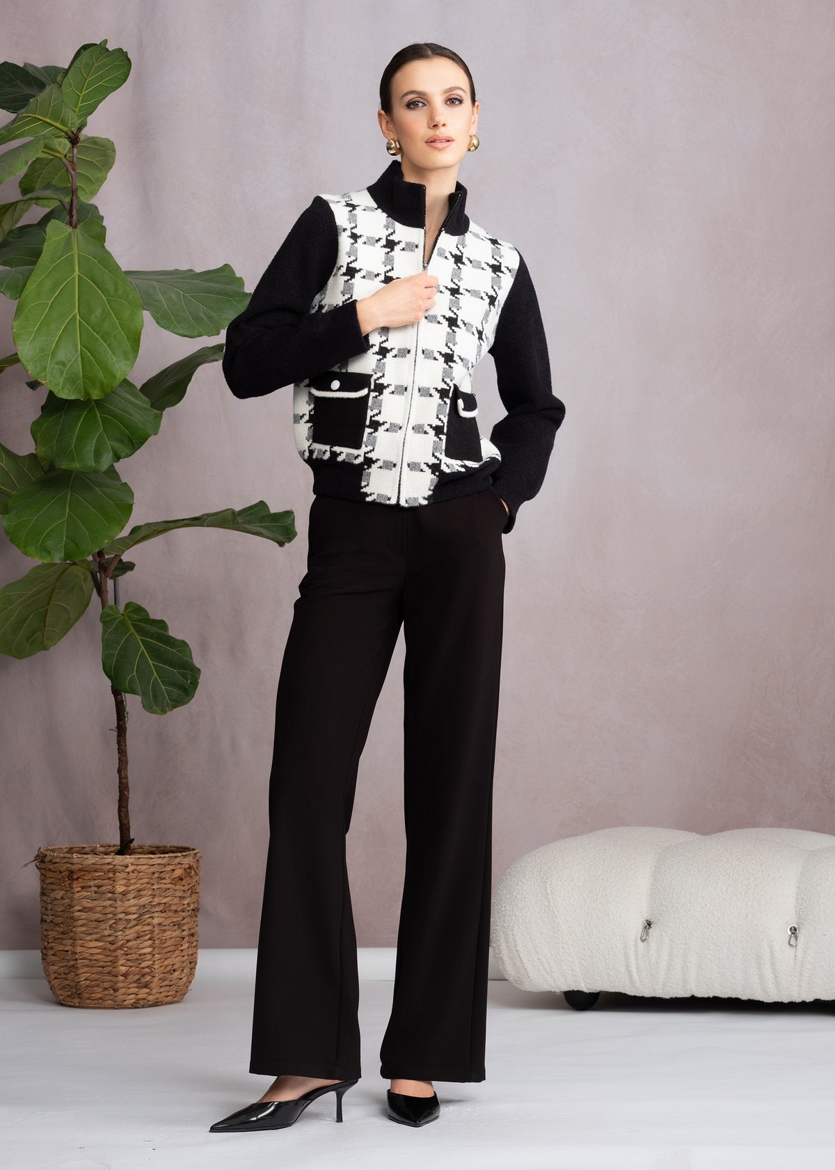 Black & White Checked Knitted Bomber Jacket