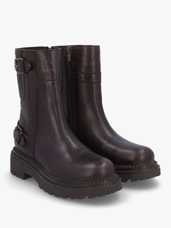 Ibuck Brown Leather Chunky Biker Boots