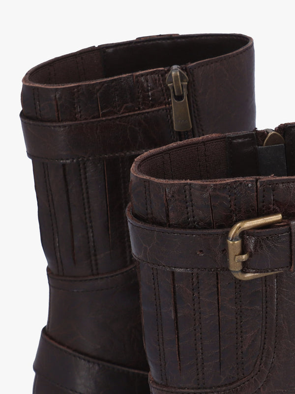 Ibuck Brown Leather Chunky Biker Boots