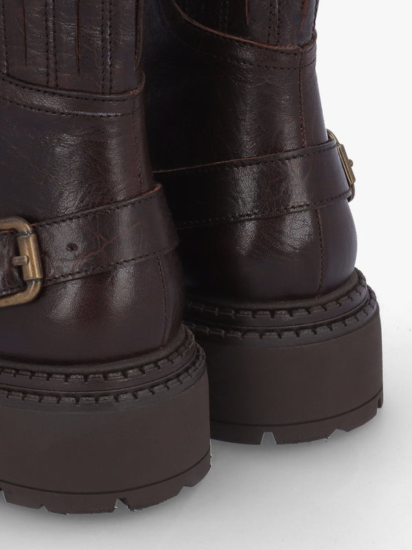 Ibuck Brown Leather Chunky Biker Boots