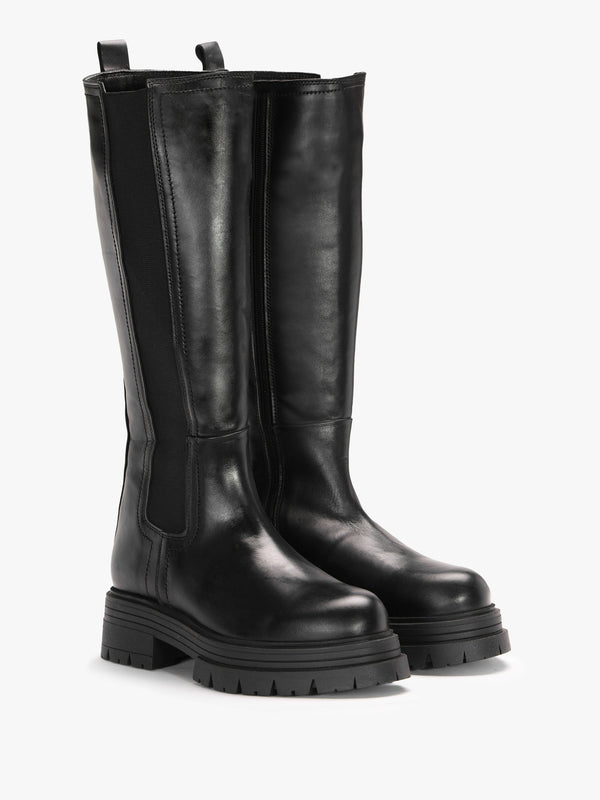 Issa Black Leather Knee High Chelsea Boots