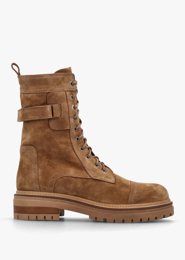 Idris Tan Suede Ankle Strap Biker Boots